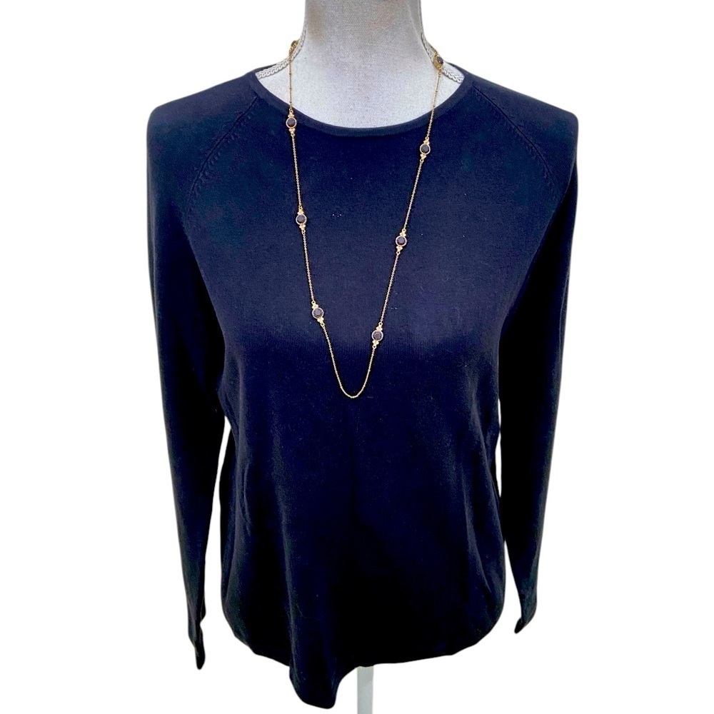 Ann Taylor gold tone delicate long necklace faceted black round beads marked